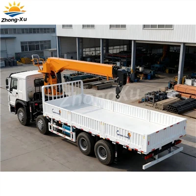 Krejn immuntat fuq trakk HOWO ta' 12-il tunnellata heavy-duty għall-irfigħ tal-materjal tal-kostruzzjoni u l-immaniġġjar tal-merkanzija